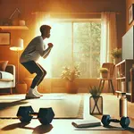 Thumb dall e 2024 11 04 12.02.46   a person exercising at home  surrounded by a yoga mat and dumbbells. the scene captures a cozy home workout setting with natural light filtering in  g