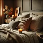 Thumb dall e 2024 11 04 12.09.34   a cozy bedroom in muted  neutral tones with soft lighting  featuring a lit candle and a book on the nightstand. the bed has layered bedding in calm  e