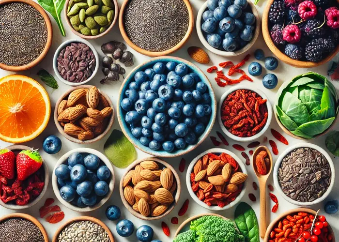 Large dall e 2024 11 04 12.12.26   a vibrant  detailed display of various types of superfoods  including chia seeds  blueberries  kale  almonds  goji berries  and quinoa  arranged in sm