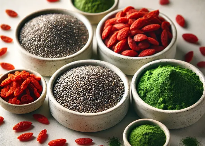 Large dall e 2024 11 04 12.13.04   a detailed arrangement featuring chia seeds  goji berries  and spirulina powder  each in small bowls or containers on a clean  minimal background. the