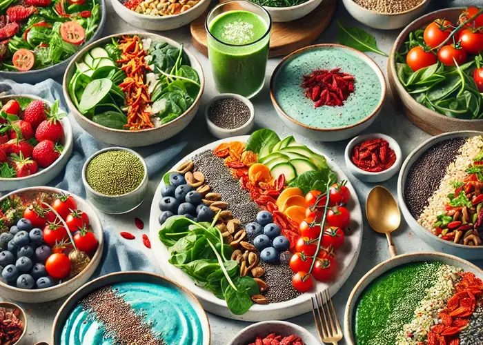 Large dall e 2024 11 04 12.13.41   a variety of dishes featuring superfoods like chia seeds  goji berries  spirulina  and quinoa as ingredients  beautifully plated and garnished. the di