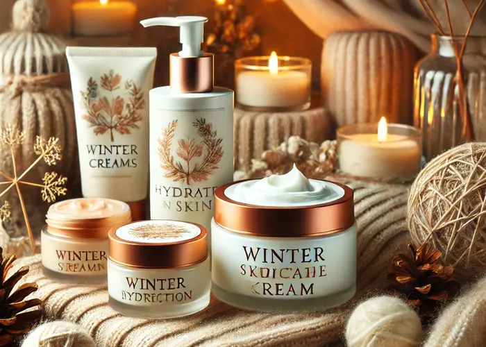 Large dall e 2024 11 04 12.34.00   a cozy arrangement of winter skincare creams  designed to protect and hydrate skin in cold weather. the creams are displayed in elegant jars and tubes