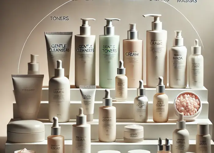 Large dall e 2024 11 04 12.35.07   a step by step arrangement of skincare products showcasing a complete skincare routine  with each product organized in sequence from cleansing to mois